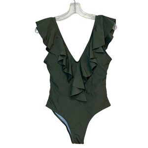 Olive Green Swimsuit One Piece Ruffle V-Neck Cheeky  Medium